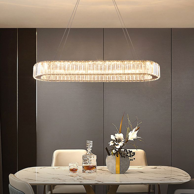 Luz de la isla LED cromada ovalada en la moderna lámpara colgante de acero inoxidable de estilo de lujo con sombra de cristal