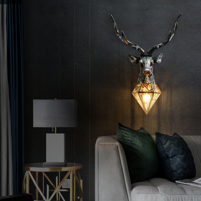 Elk Resin Wall Sconce Lamp Lodge Style 1 Light Indoor Bronze Wall Mount Light with Diamond Cage Shade, 14.5"/19.5" W