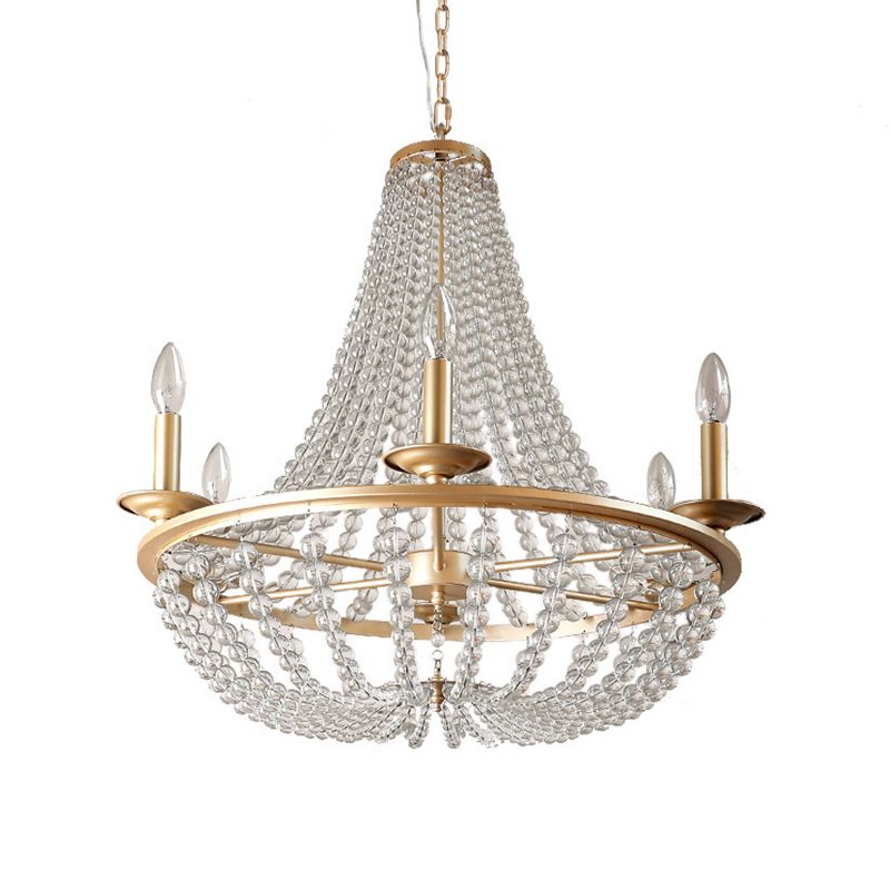 Crystal Beaded Hanging Chandelier Traditional 6 Lights Bedroom Ceiling Pendant in Gold
