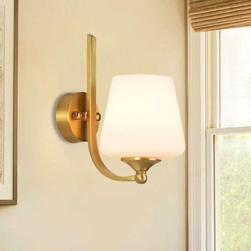 1 Bulb Sconce Lighting with Tapered Shade Milk Glass Modern Stylish Bedroom Wall Lamp in Brass