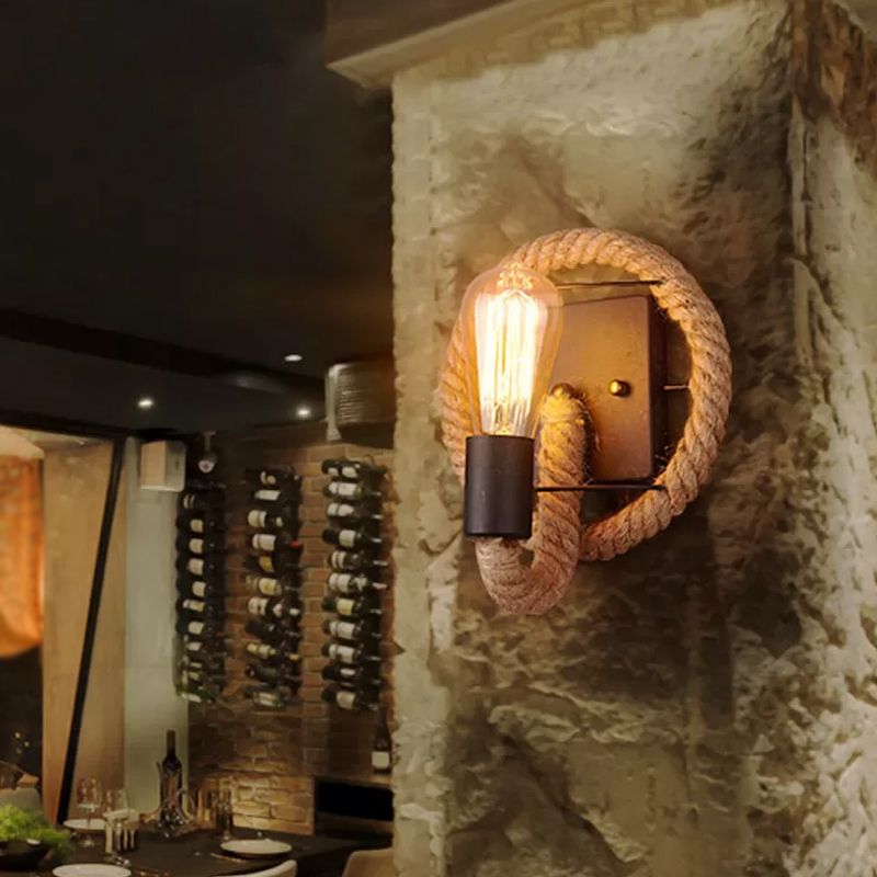 Single Rope Wrapped Wall Lamp Farmhouse Brown Oval/Round Dining Room Wall Mount Light with Exposed Bulb Design