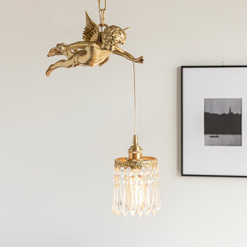 Brass Vintage Angle Pendant  Lamp 1 Light Bedroom Pendant Lighting with Crystal Drip