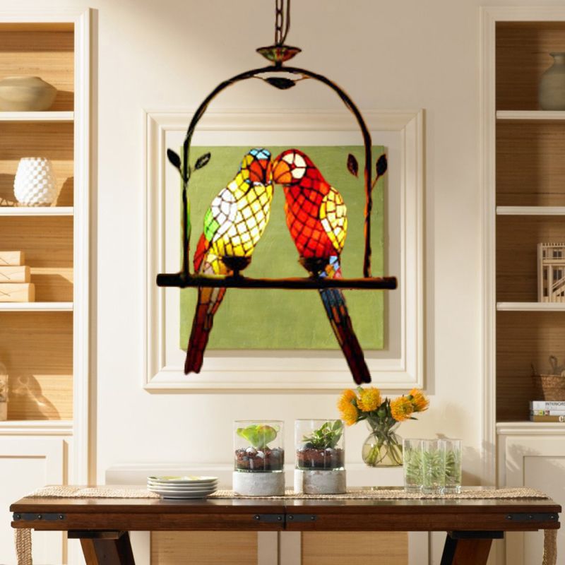 Parrot Stainless Glass Pendant Lamp Tiffany Stylish 2 Lights Red/Red and Yellow Hanging Ceiling Light with Perch Swing