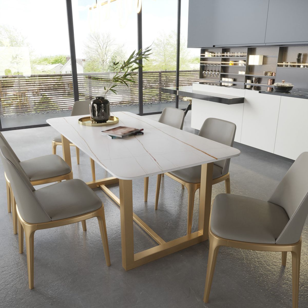 Luxury Sintered Stone Top Dining Table Rectangle Table with Trestle Base