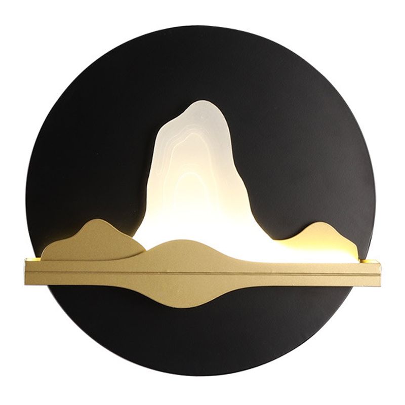 Asian LED Flush Wall Sconce Black-Gold Mountain and River Wall Mural Light with Iron Shade