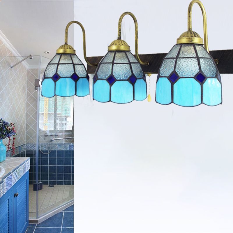 Mediterranean Dome Wall Light Fixture 3 Heads Blue Dimple Glass Sconce Lighting for Bathroom