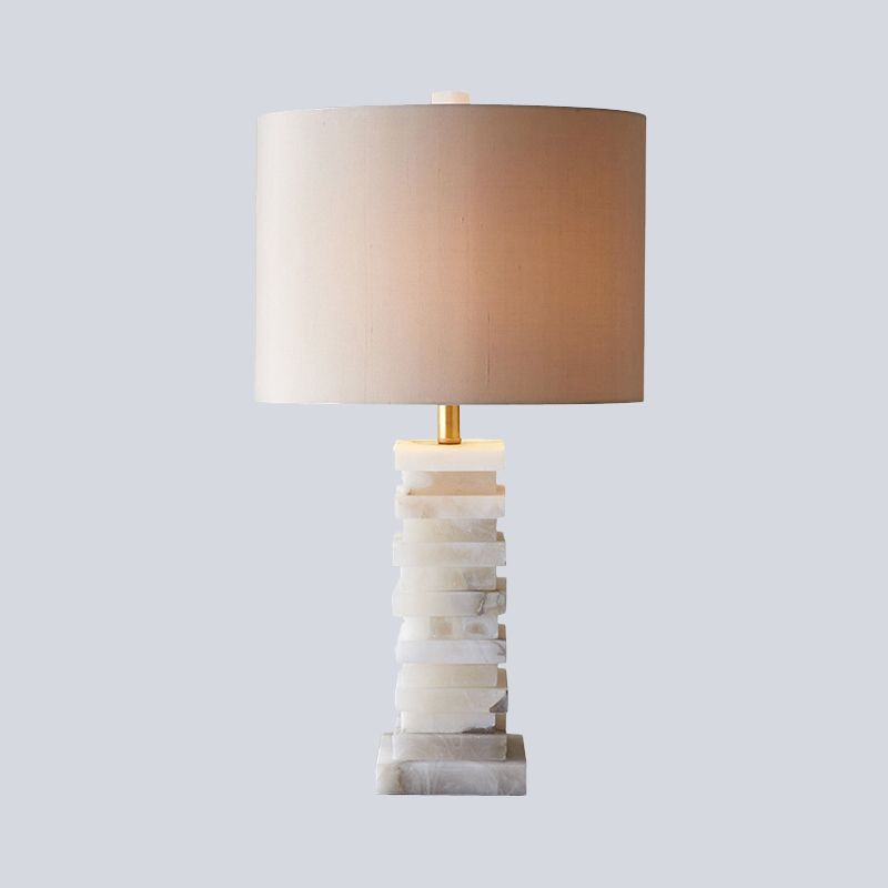 Contemporaneo 1 scrivania head leggero lampada da tavolo cilindrica bianca cilindrica con tonalità in tessuto
