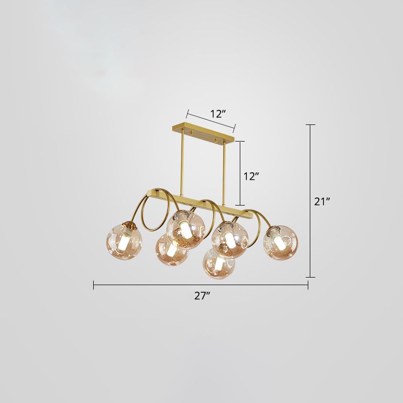 Gold Finish Spiral Island Light Post-Modern Metal Ceiling Hang Lamp with Ball Dimpled Glass Shade