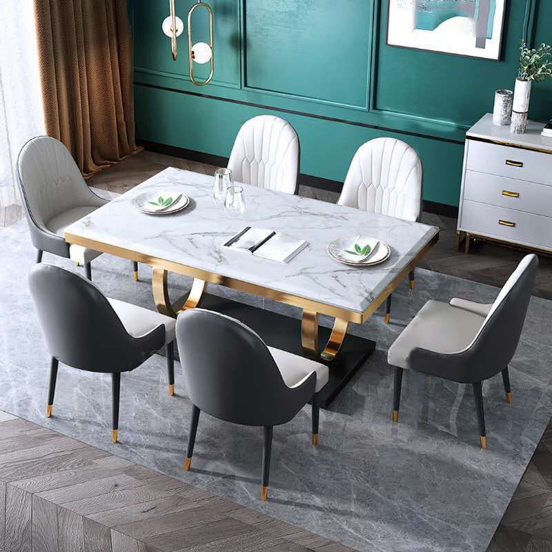 Mesa de comedor de lujo tradicional, mesa de comedor rectangular de piedra con marco dorado para uso doméstico