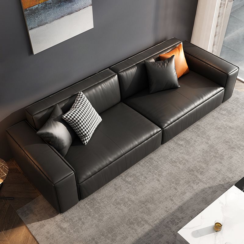 Modern Square Arm Sectional, Genuine Leather Sectional Couch in Black