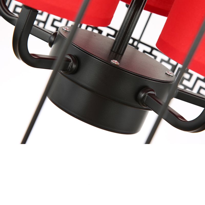 Traditional Birdcage Chandelier Light Metal 3/5 Lights Restaurant Black/Gold Ceiling Lamp with Red Fabric Cylinder Shade