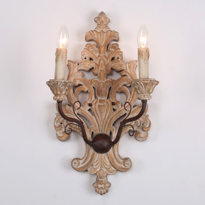Distressed White Candle Wall Lighting Classic Wood 2-Light Porch Wall Mounted Light Fixture
