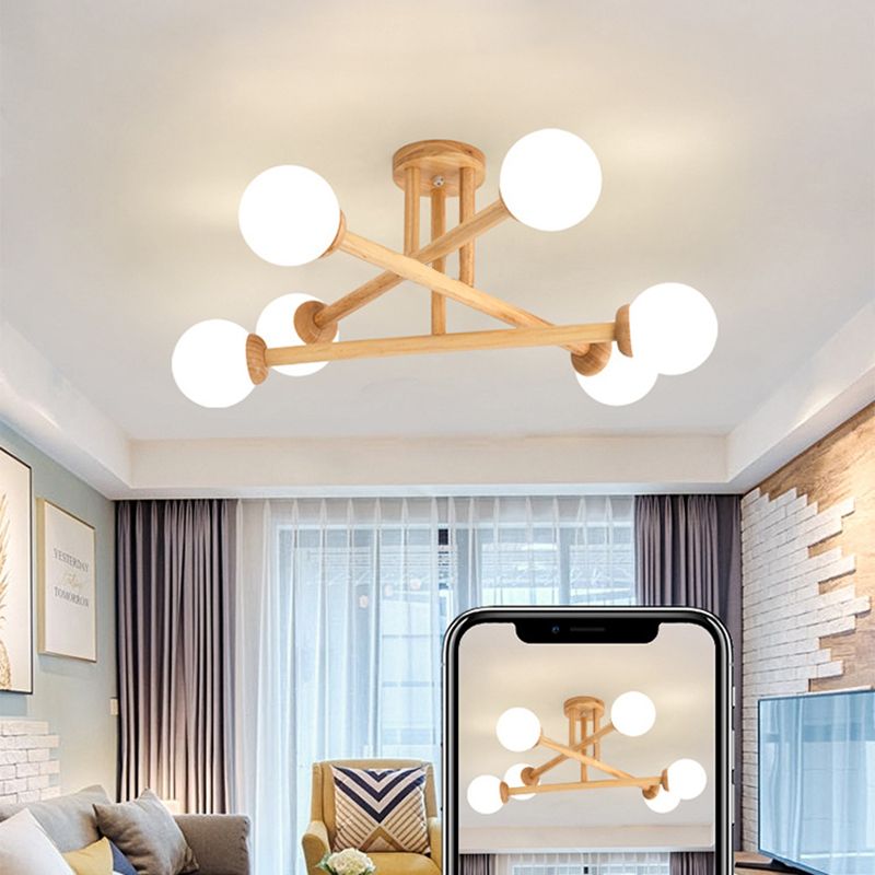 Wood Ball Shape Flush Ceiling Light Modern Multi Lights Flush Light Fixtures in Brown