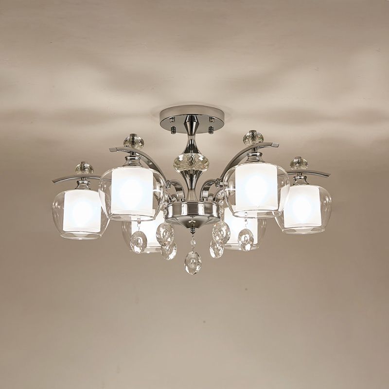 Clear Glass Sputnik Semi Flush Modernist 6 Heads Living Room Flushmount in Chrome with Crystal