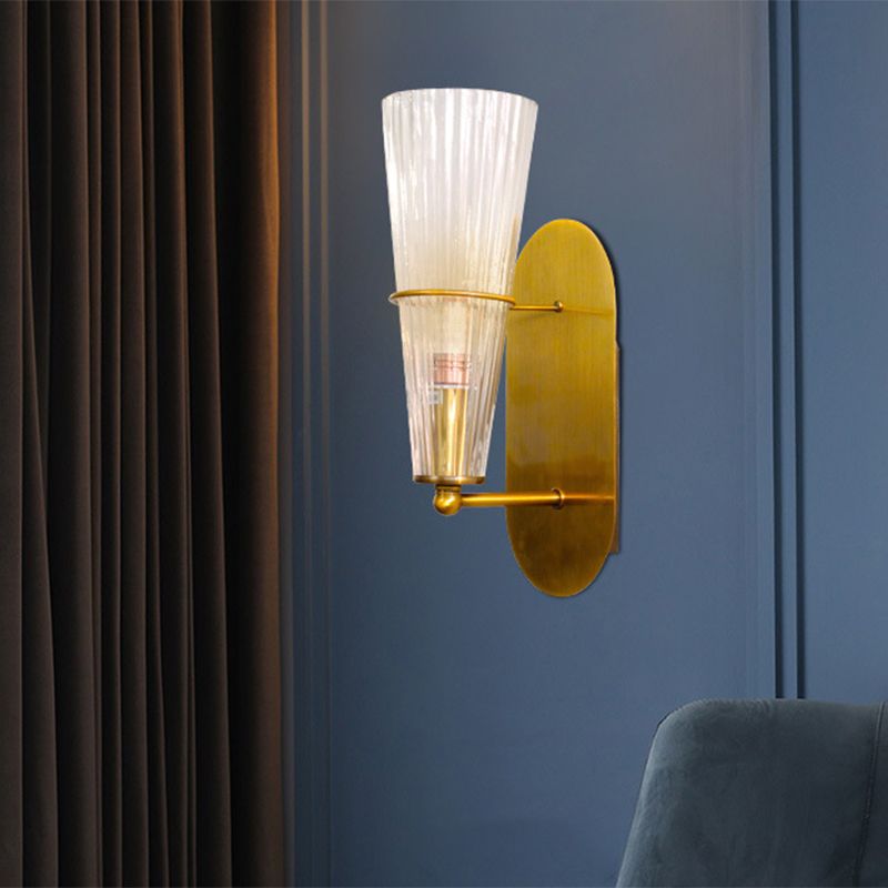 Post Modern 1 Bulb Wall Sconce with Clear Ribbed Glass Shade Gold Finish Cone Wall Lighting