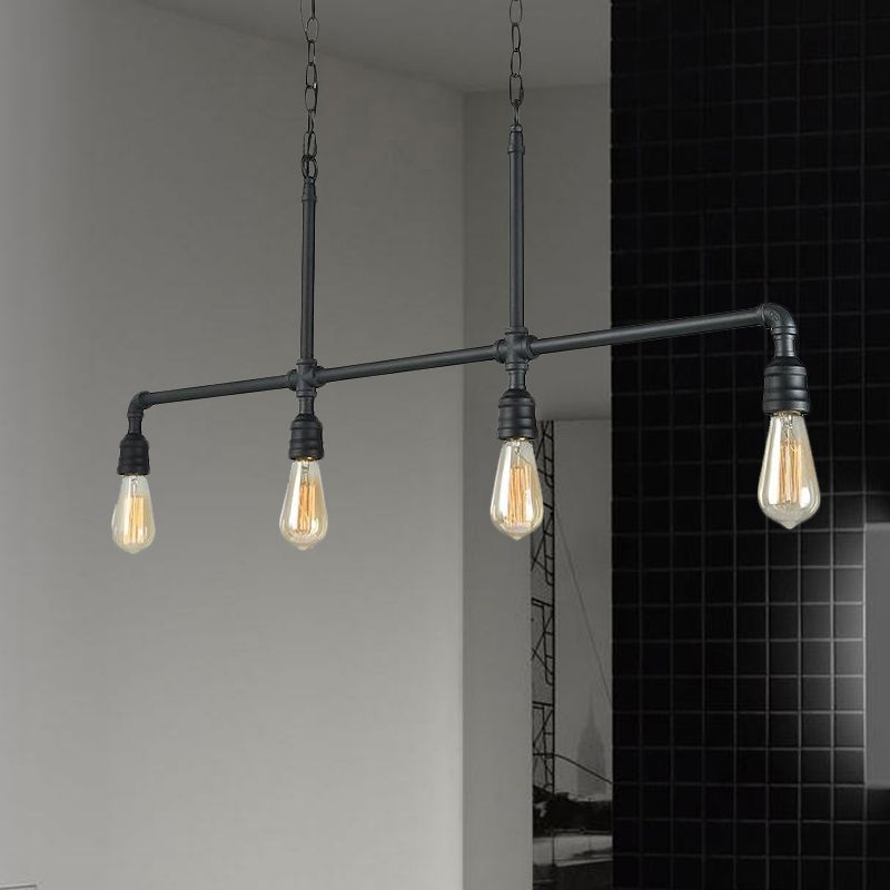 Black 4-Head Island Lighting Rustic Style Metal Linear Piped Hanging Lighting for Living Room