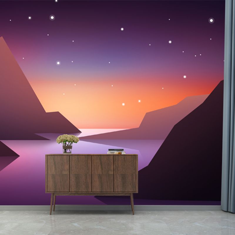 Large Mountain Starry Sky Murals Purple-Yellow Non-Woven Wall Covering, Waterproof, Custom Print