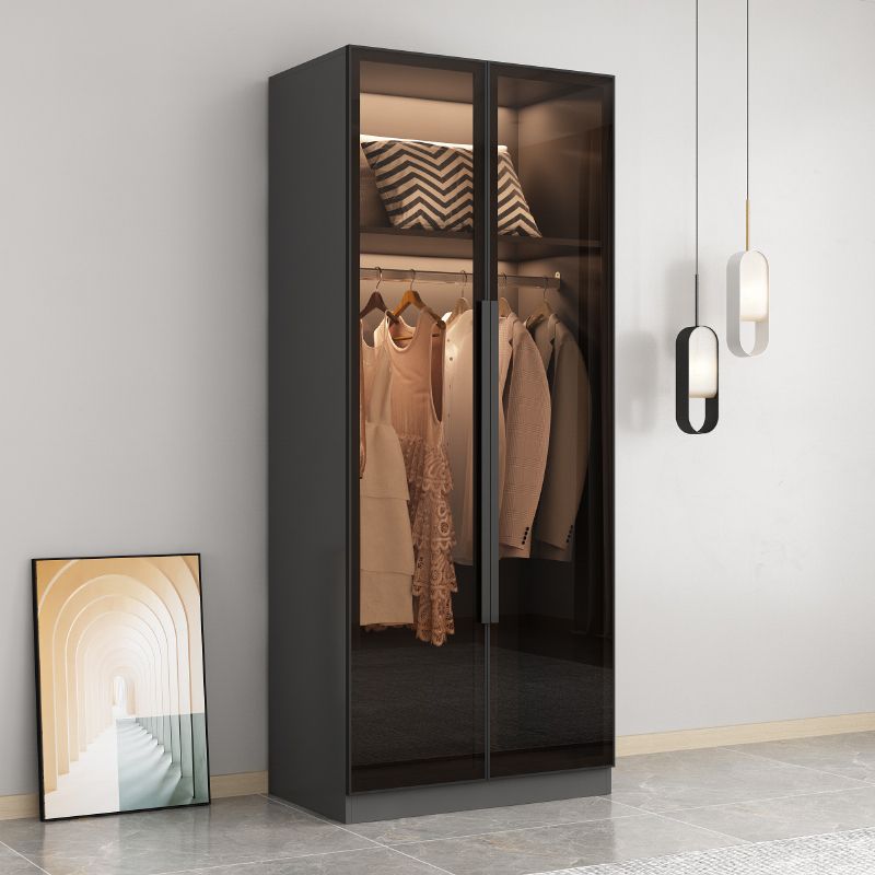 Freestanding Grey Wood Frame Wardrobe Modern Multifunctional Wardrobe with Glass Doors