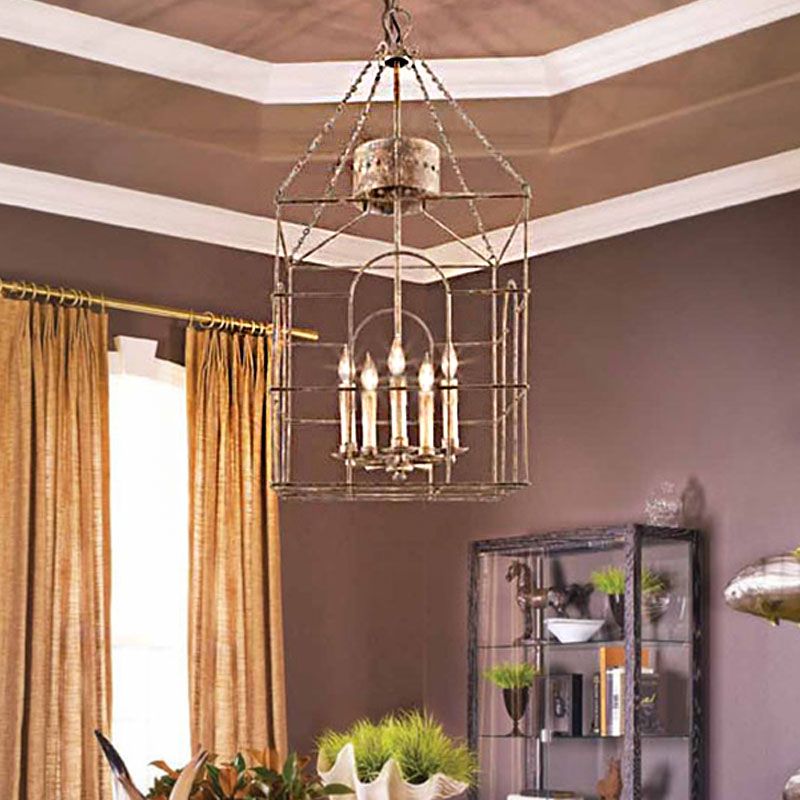 Rust Rectangular Pendant lustre Metal rural 4 têtes Room de salle à manger plafond plafond