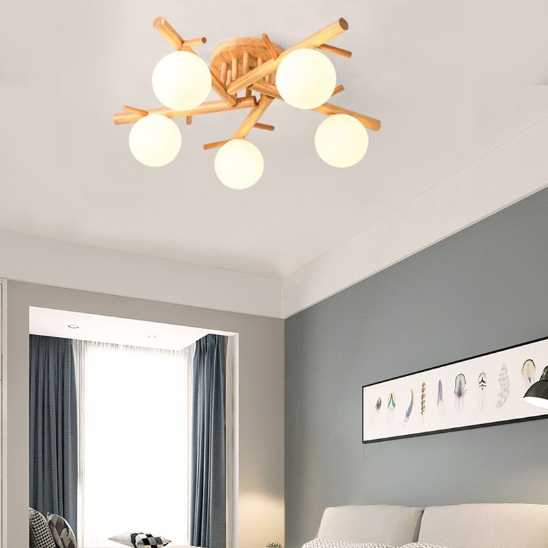 Luminaire de plafond en forme de globe en bois, luminaire de style moderne, beige