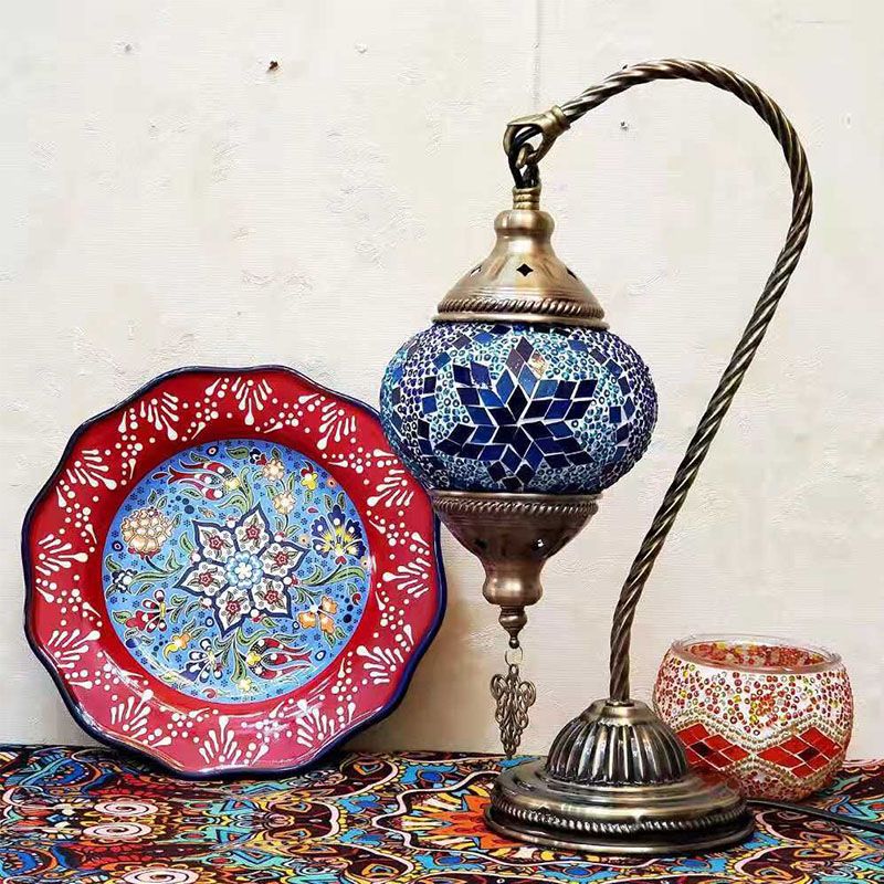 1 Bulb Gooseneck Table Light Moroccan Mosaic Stained Glass Night Light with Globe Shade