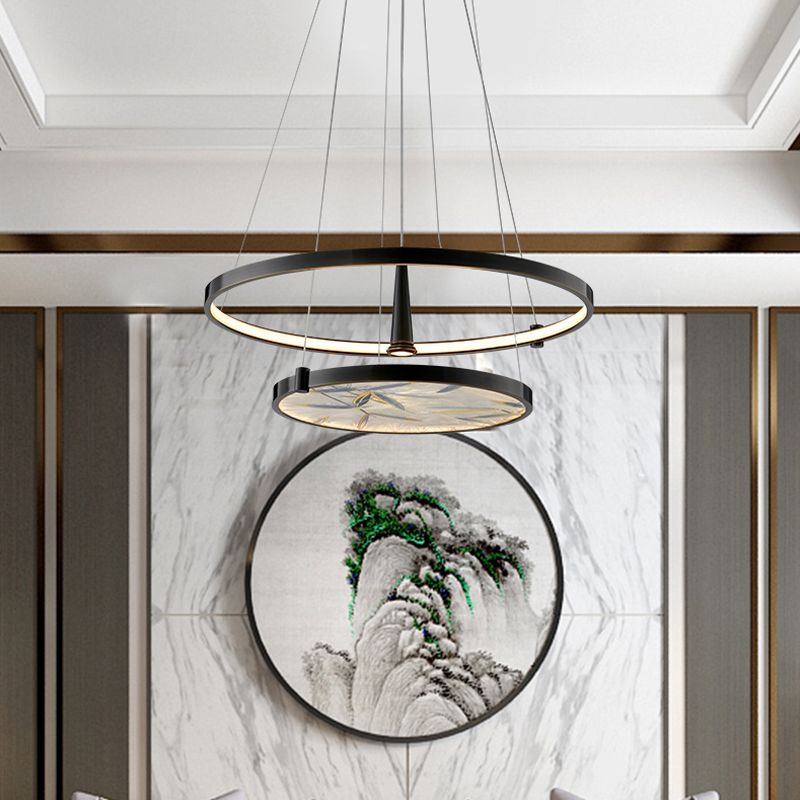 16"/23.5" Wide LED Frosted Glass Chandelier Lamp Classic Black Round Living Room Ceiling Pendant