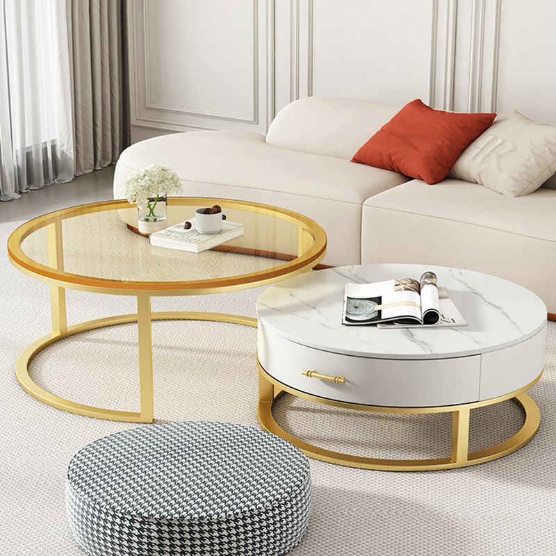 Gold Glass Top Coffee Table Set Frame Cocktail Table with Drawers