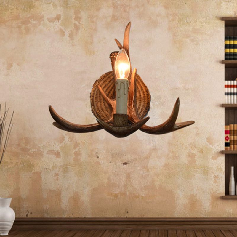 Resin Candle Wall Sconce with Antlers Deco 1 Head Rustic Wall Light in Brown for Cottage