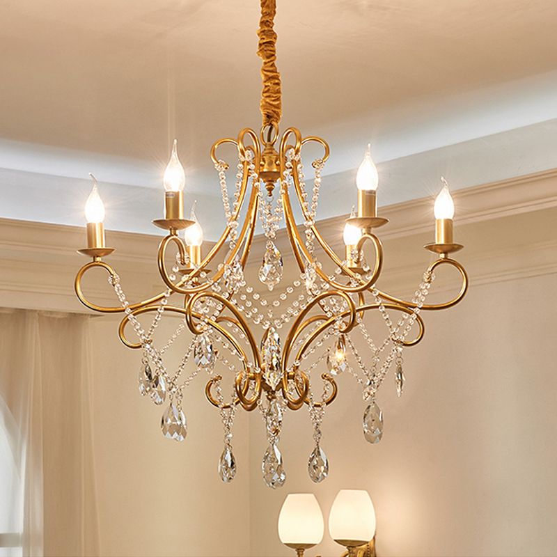 Crystal Stands Gold Suspension Lighting Raindrop 6 Heads Traditional Chandelier Light Fixture
