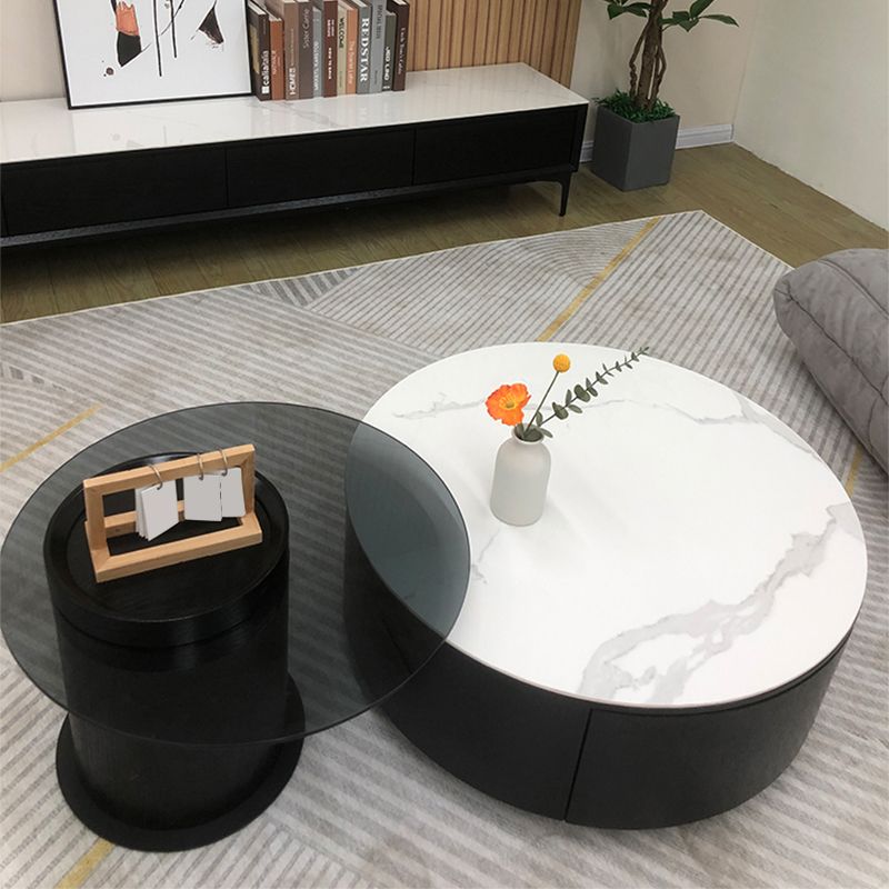 Round Stone Coffee Table Pedestal Nesting Coffee Table Set with Drawer