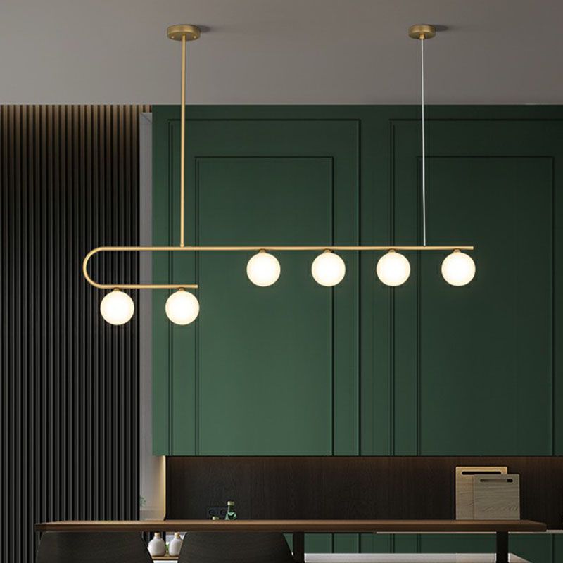 Linear Restaurant Island Pendant Light Ivory Ball Glass Postmodern LED Hanging Lamp in Gold