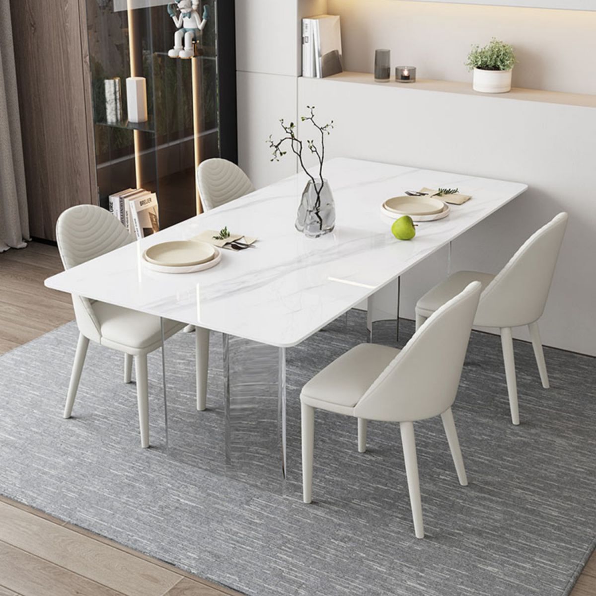 Mesa de comedor rectangular moderna, mesa de comedor de piedra sinterizada blanca con base acrílica para cocina