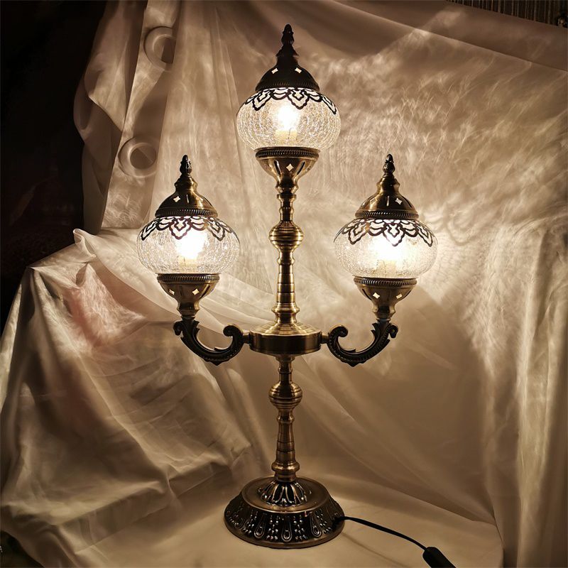 Lámpara de escritorio pequeña ovalada, cristal craquelado Vintage, 1/2/3 luces, lámpara de mesa de noche de bronce