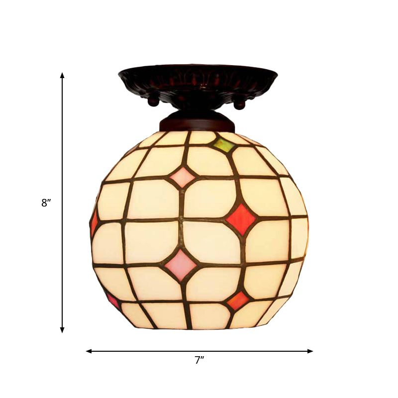 Bell / Globe Flush Fixture de la lumière Tiffany White Grille en verre Cbeille à Beige Single Beige Mount Ceiling Light with Jewels