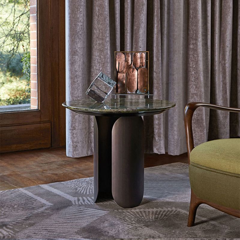 Contemporary Sintered Stone Side End Table with Metal Abstract Base
