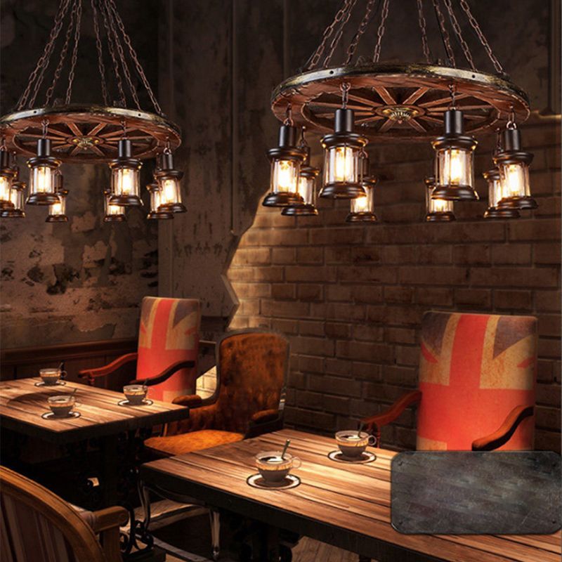 Ceiling Hanging Light Fixture Vintage Shaded Wood Ceiling Pendant Chandelier in Black