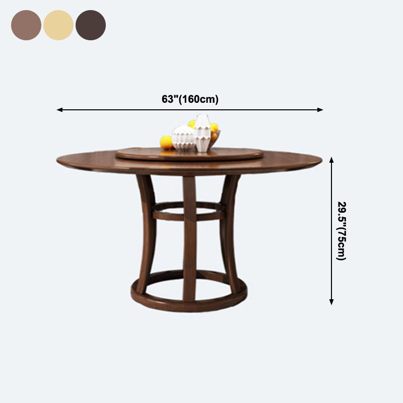 Round Pedestal Casual Dining Table Wood Color Fixed Turntable of Rubberwood Solid Wood