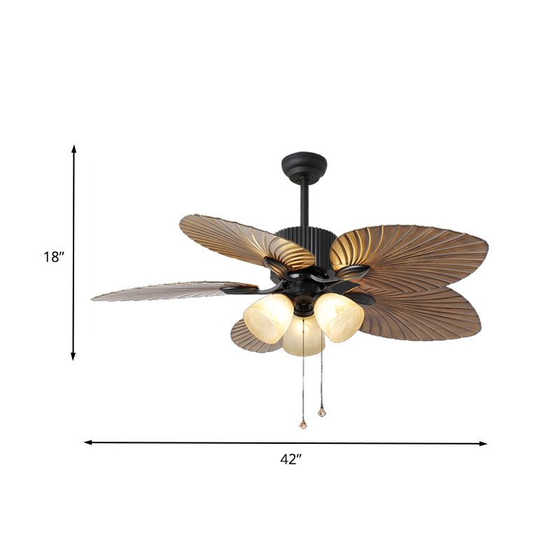 Cup White Glass Semi Flushmount Countryside 42" W 3-Head Living Room Fan Light in Brown with 5 Cattail Leaf Blades, Pull Chain/Wall Control
