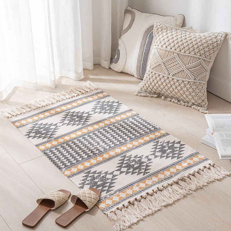 Calming Tribal Print Rug Cotton Fringe Carpet Pet Friendly Indoor Rug for Living Room