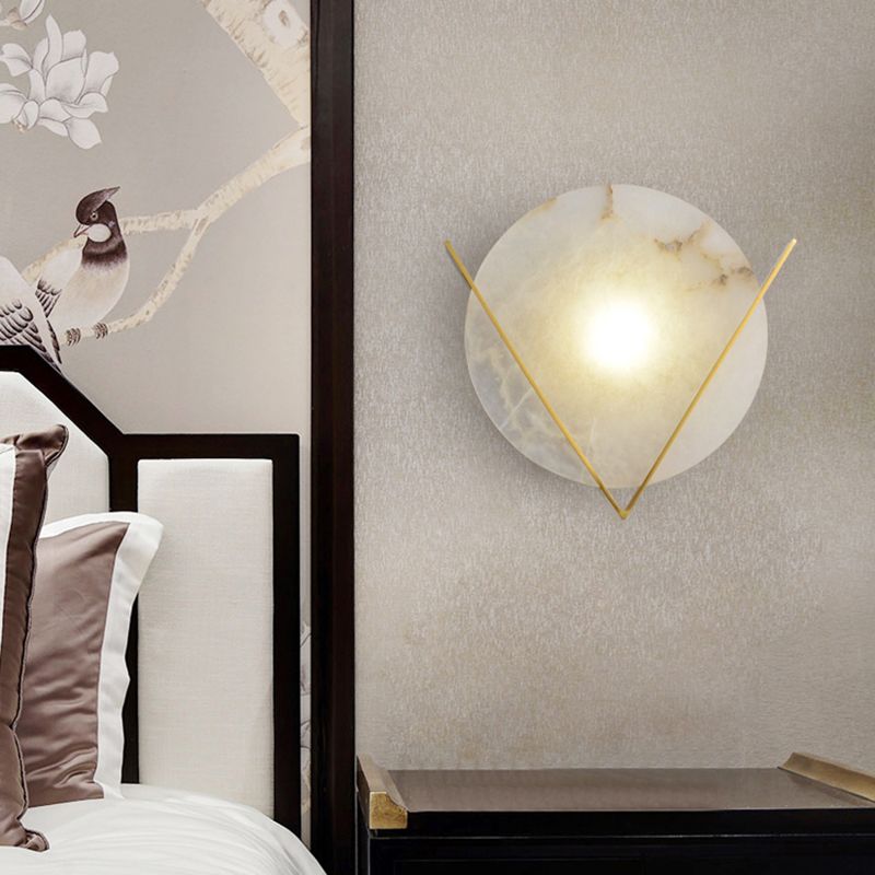 Gold LED Flush Wall Sconce Colonialism Marble Round Wall Light Fixture for Bedroom