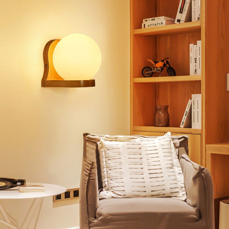 5.5" H Single Bulb Simplicity Wall Mount Light Nordic Style Glass Globe Sconce Light with Solid Wood Base