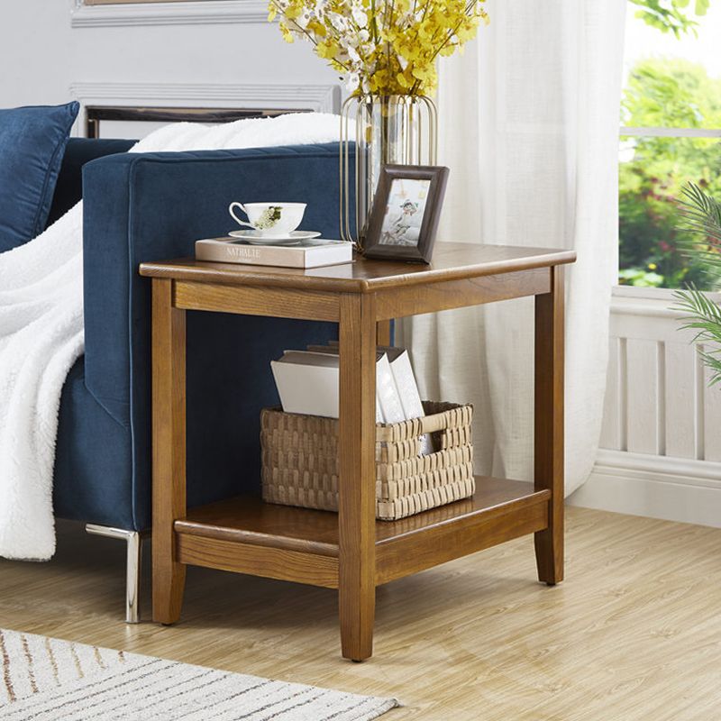 Farmhouse Ash Double Tier End Table, Brown Side Table with Shelf
