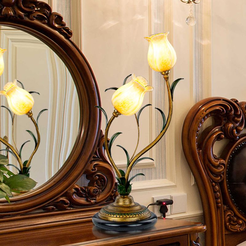 Brass Tulip Nightstand Lighting Romantic Pastoral White/Yellow Glass 2 Bulbs Bedroom Night Table Lamp