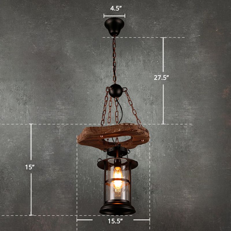 Wood 1-Head Pendant Light Coastal Clear Glass Cylindrical Hanging Ceiling Light for Restaurant