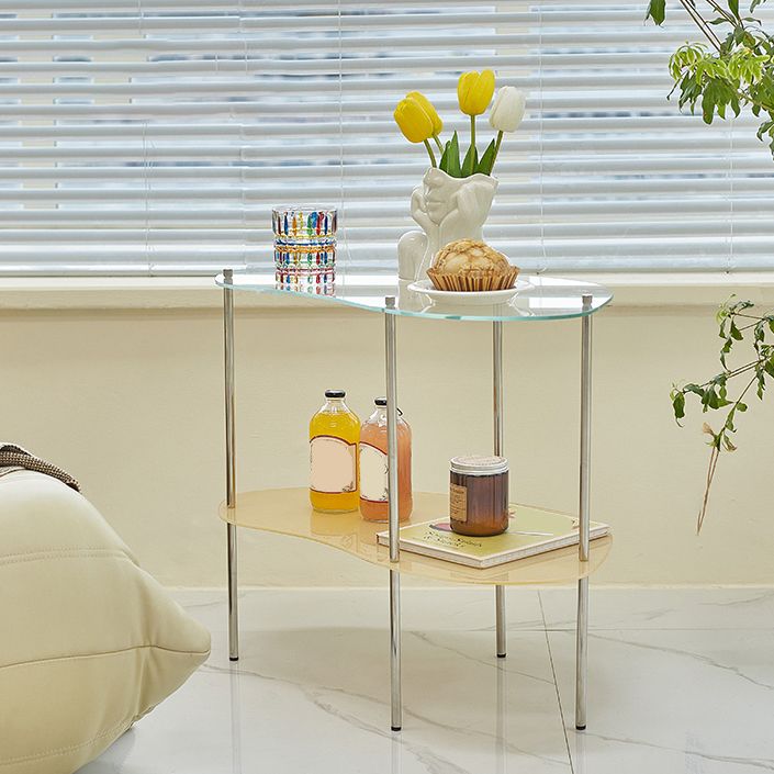 Modern Glass Top 4 Legs Double Tier Naturally Shaped Accent Side Table