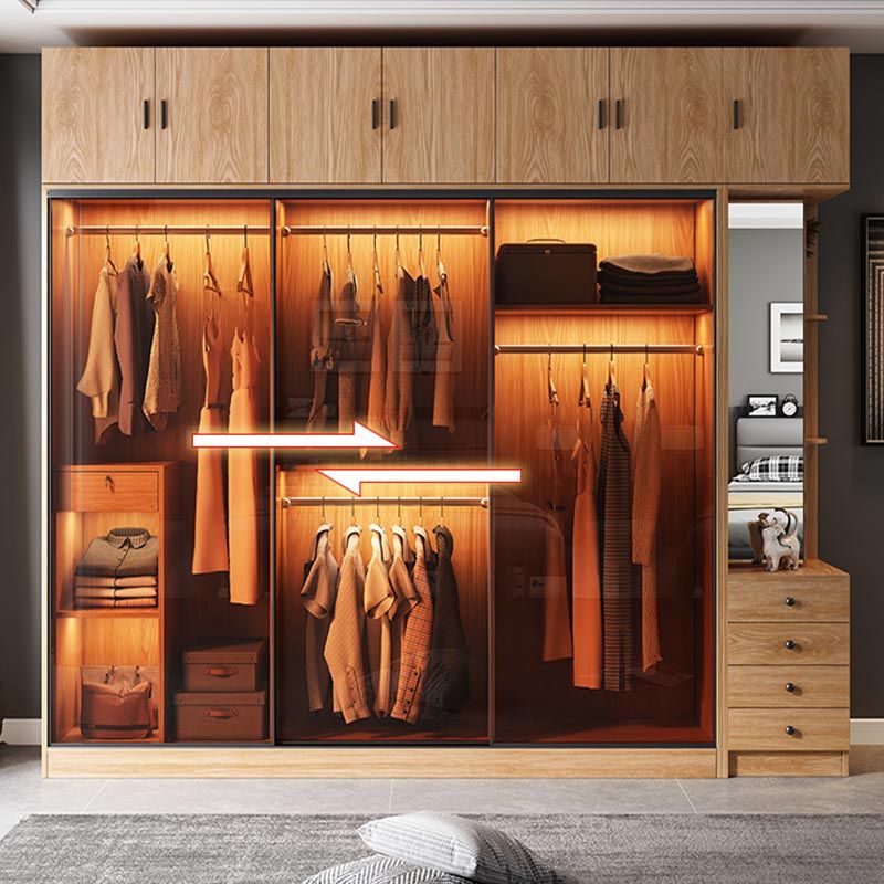 Brown Contemporary Wardrobe Cabinet Engineered Wood and Glass Wardrobe Closet