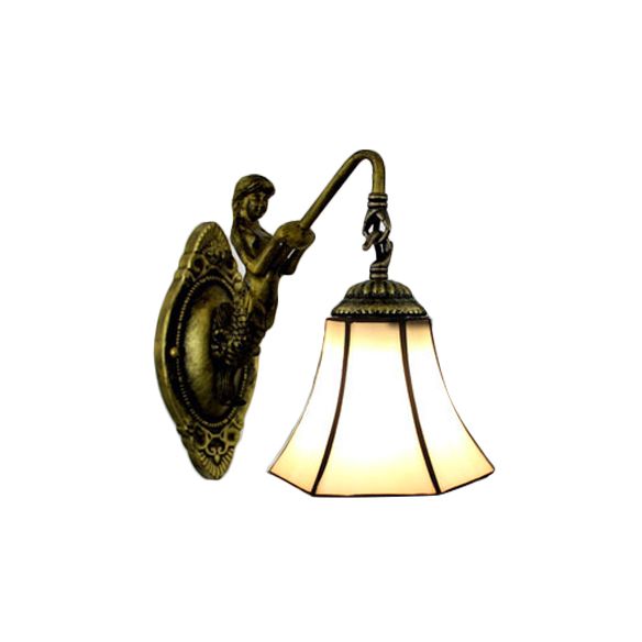Flared Wall Light Fixture Tiffany Blue/Beige Glass 1 Head Antique Bronze Sconce Lighting