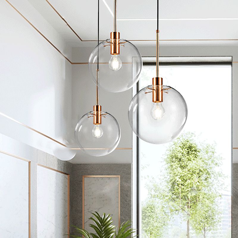 Rose Gold Round Cluster Pendant Light Minimalist 3-Bulb Clear Glass Ceiling Hang Fixture