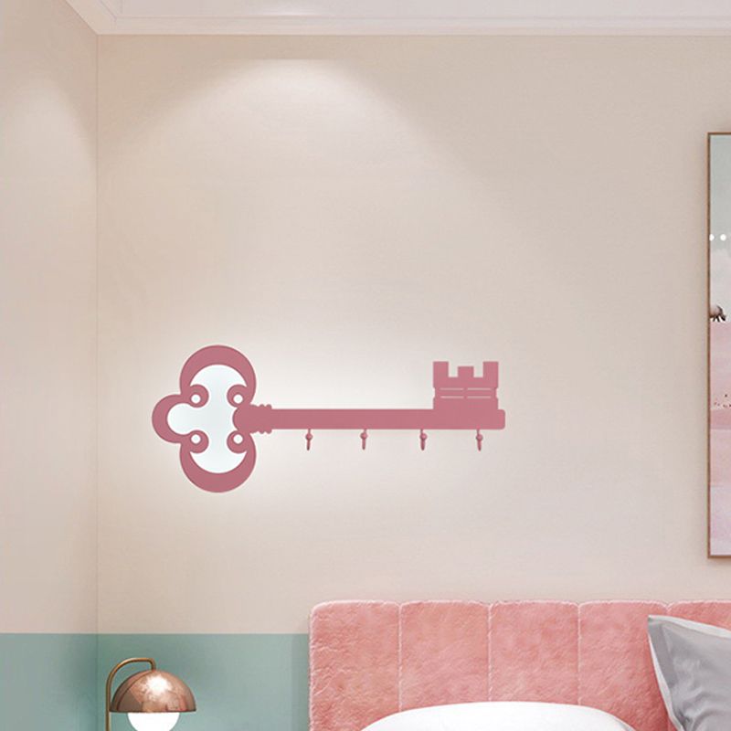 Key Bedroom Sconce Lamp Metal Led Cartoon Wall Mounted Lighting in Black/White/Pink with Hook