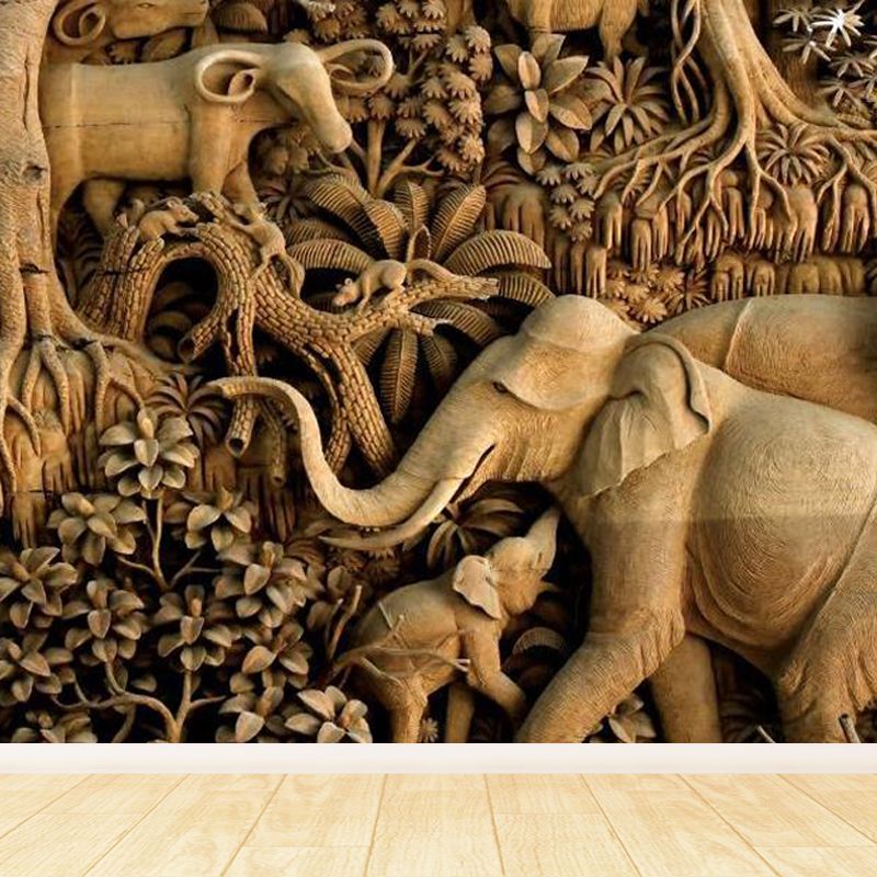 Yellow Elephant and Botanical Mural for Decoration Tropical Living Room Wall Art